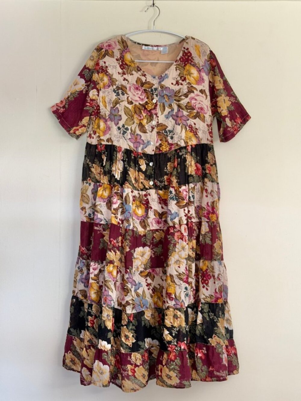 Vintage La Cera Lined Patchwork Floral Tiered Midi Dress Shoulder Pads, XL